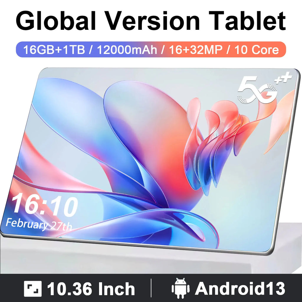 Tablette Android 13 - 10.36" 16GB RAM 1TB ROM, 10 Cœurs, 5G, 12000mAh, Dual SIM