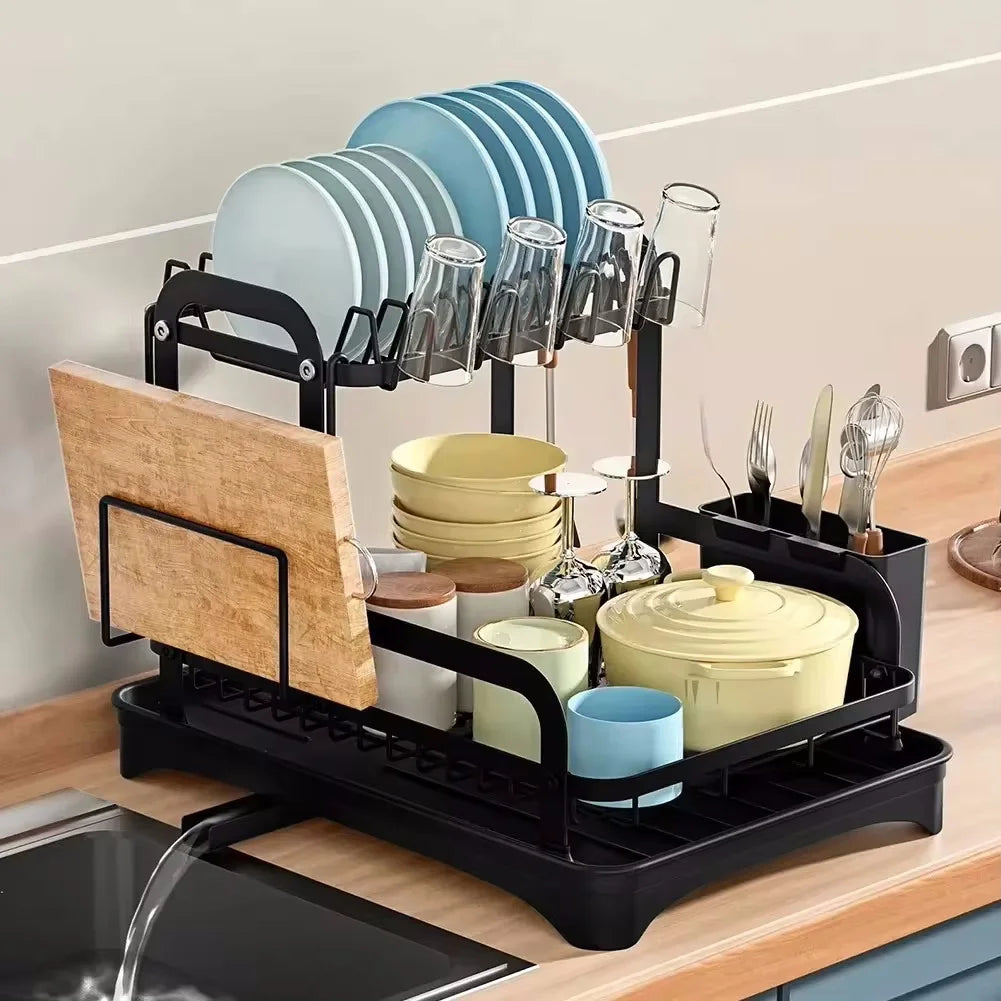Égouttoir Vaisselle 2 Niveaux avec Bac Égoutteur – Organiseur Cuisine en Acier, Porte-Couverts Inclus