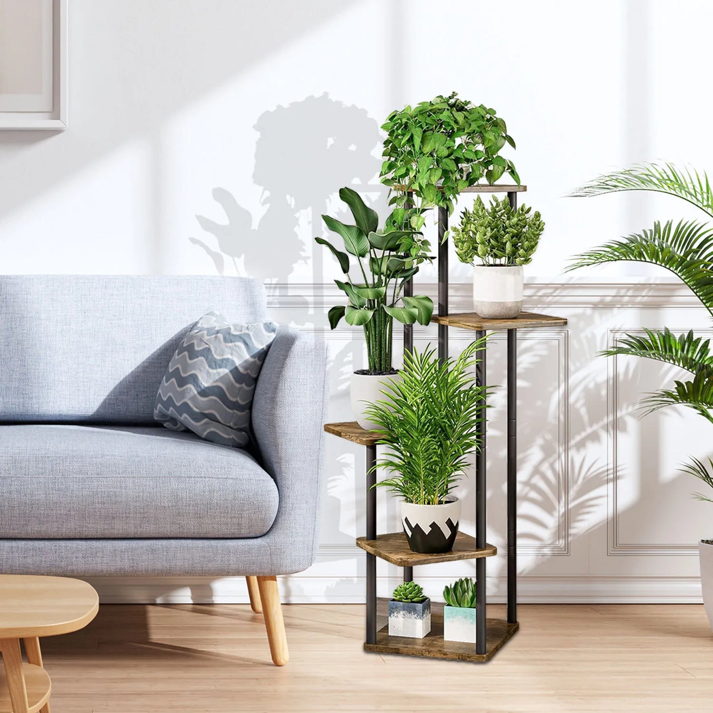 Étagère à Plantes 5 Niveaux – Support Métallique Fer et Bois, Intérieur/Extérieur, Noir