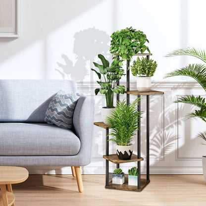 Étagère à Plantes 5 Niveaux – Support Métallique Fer et Bois, Intérieur/Extérieur, Noir