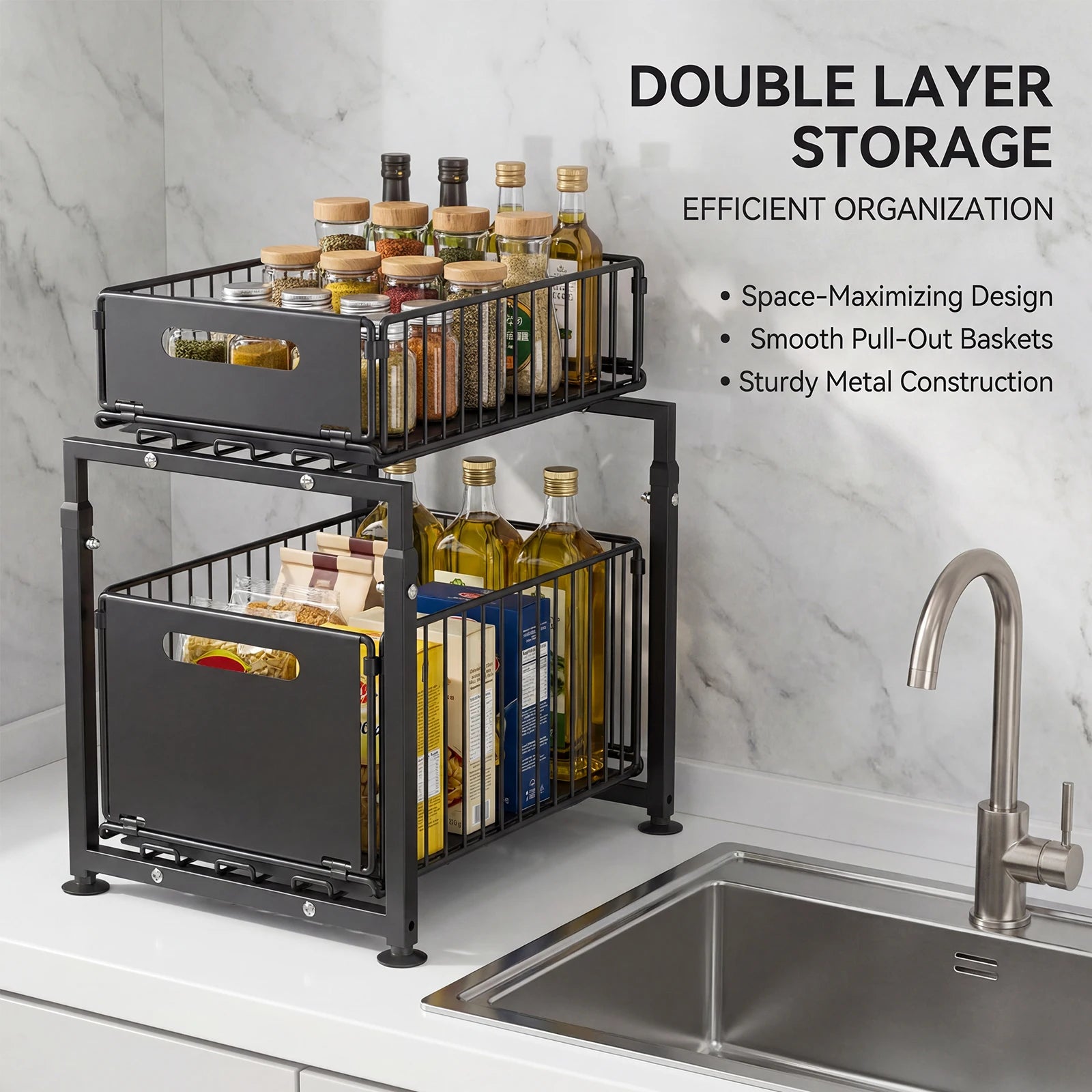 Organiseur Coulissant 2 Niveaux – Rangement Réglable Sous Évier, Cuisine & Salle de Bain