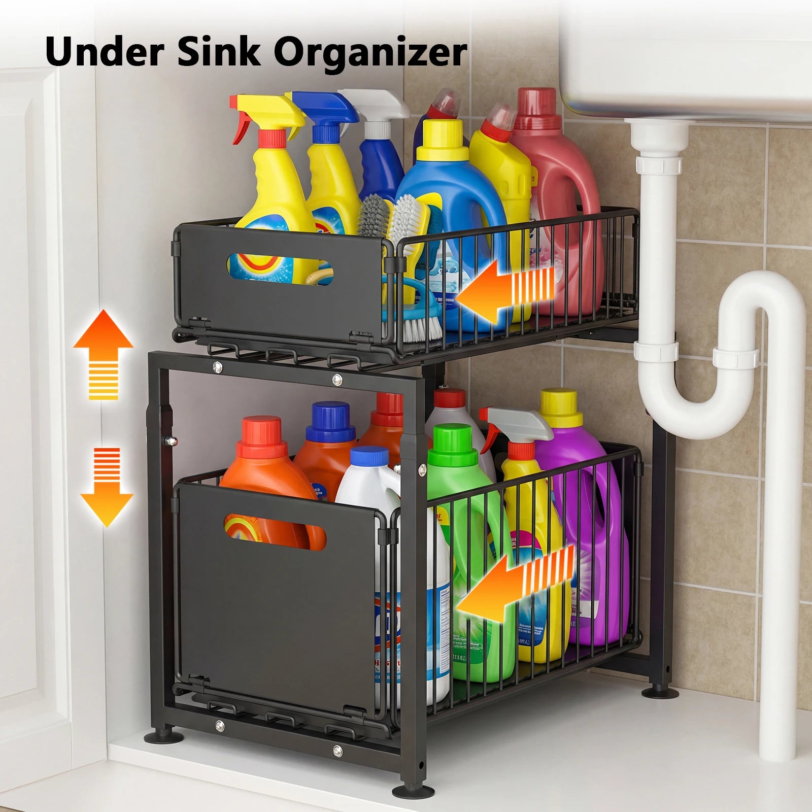 Organiseur Coulissant 2 Niveaux – Rangement Réglable Sous Évier, Cuisine & Salle de Bain
