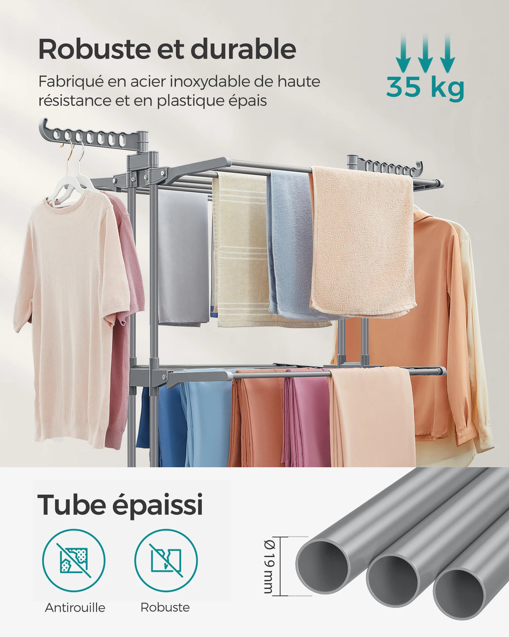 Étendoir à Linge SONGMICS 4 Niveaux Pliable sur Roulettes - 35kg Capacité