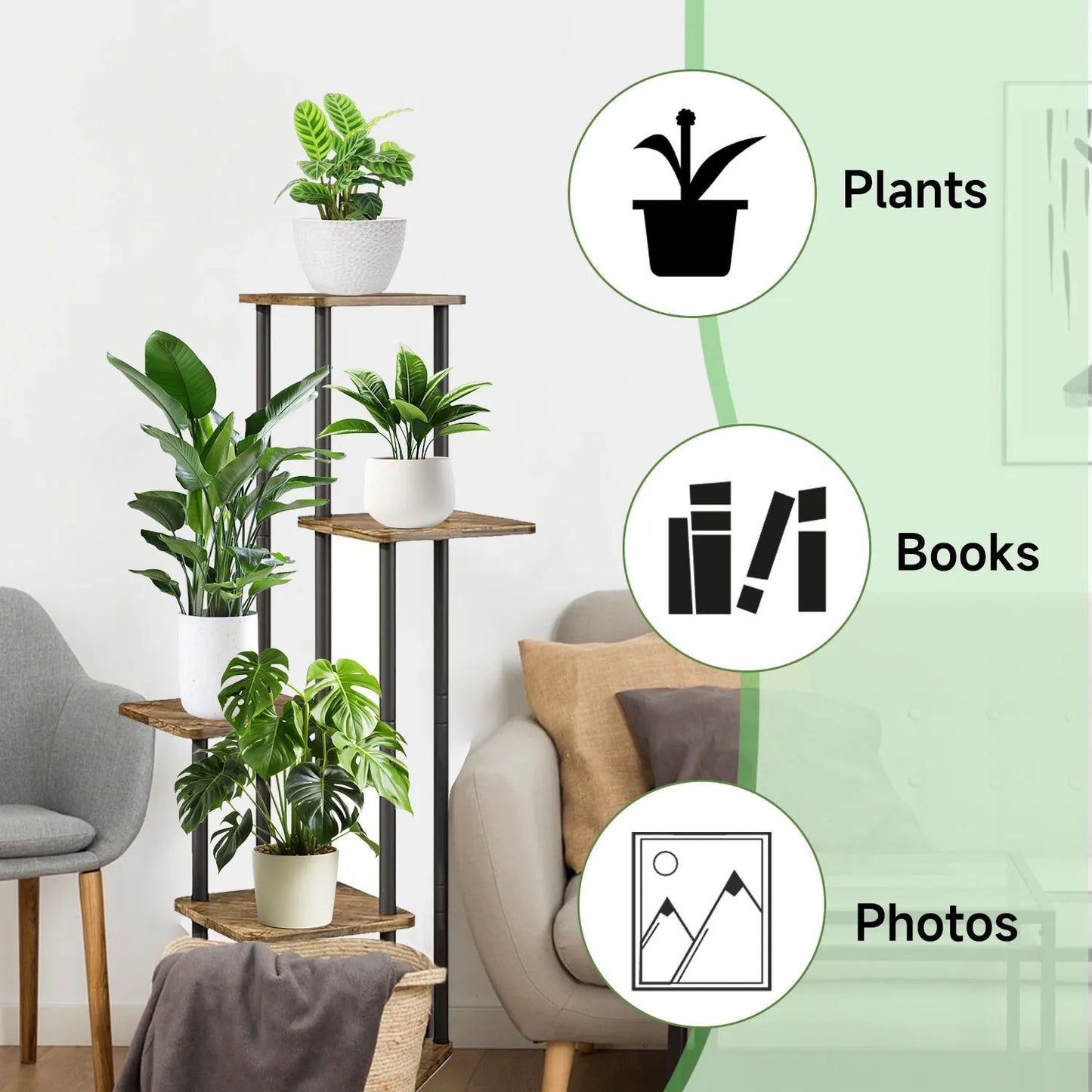 Étagère à Plantes 5 Niveaux – Support Métallique Fer et Bois, Intérieur/Extérieur, Noir