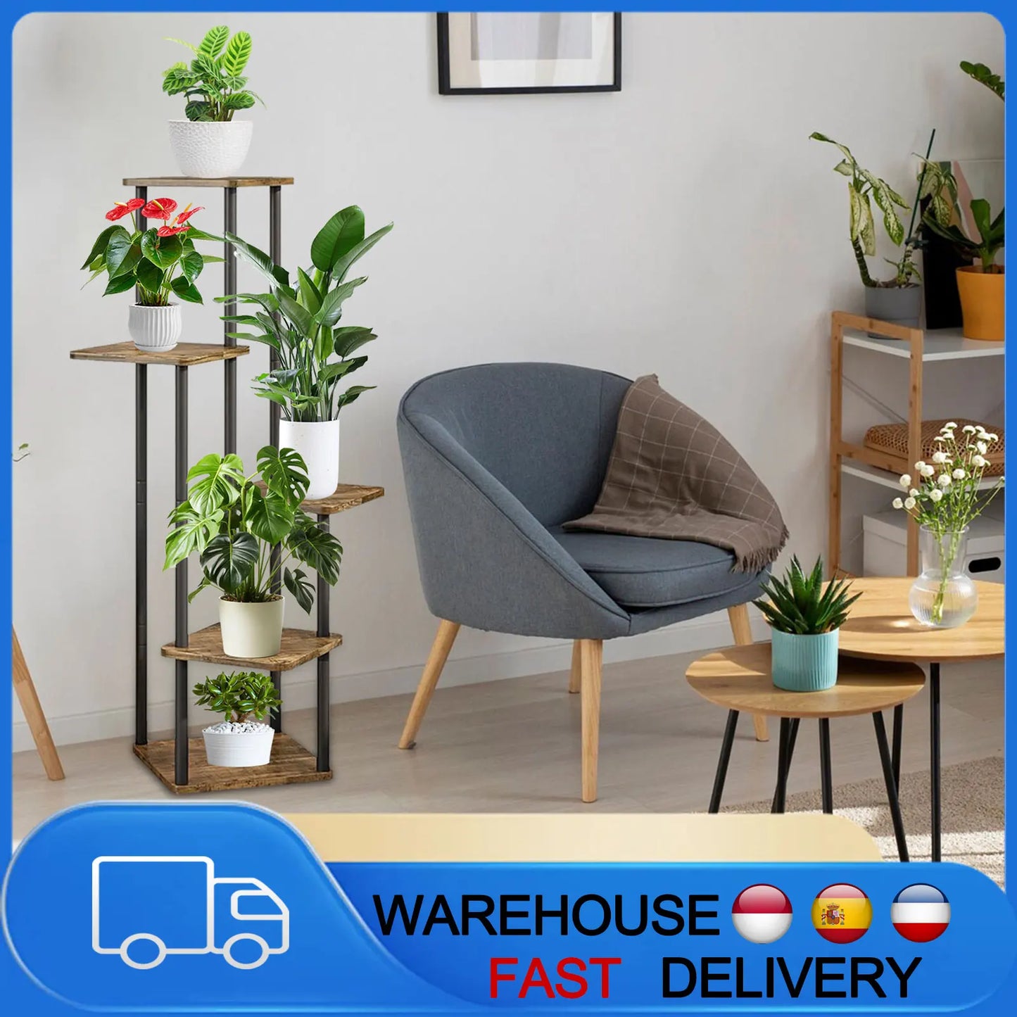 Étagère à Plantes 5 Niveaux – Support Métallique Fer et Bois, Intérieur/Extérieur, Noir