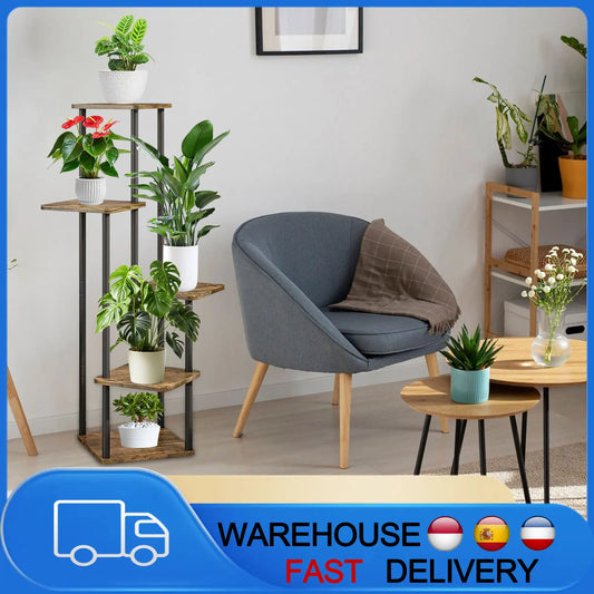 Étagère à Plantes 5 Niveaux – Support Métallique Fer et Bois, Intérieur/Extérieur, Noir
