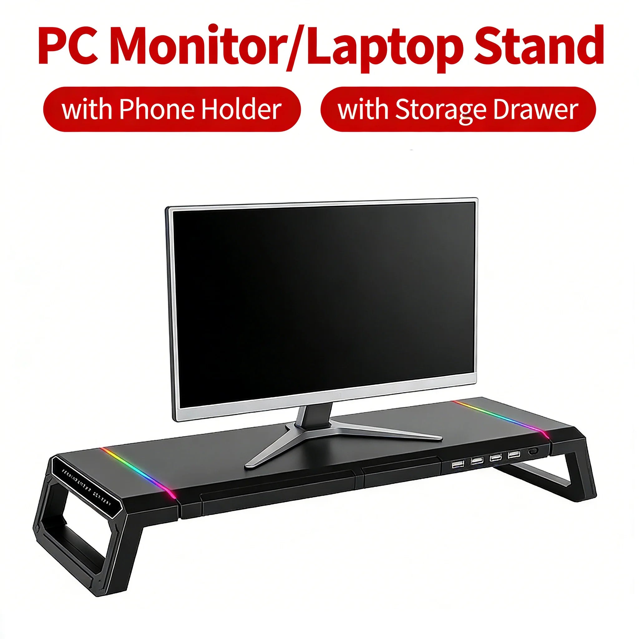 Support Moniteur RGB avec Tiroir de Rangement - Hub USB 3.0/2.0, Support Téléphone, Organiseur Bureau