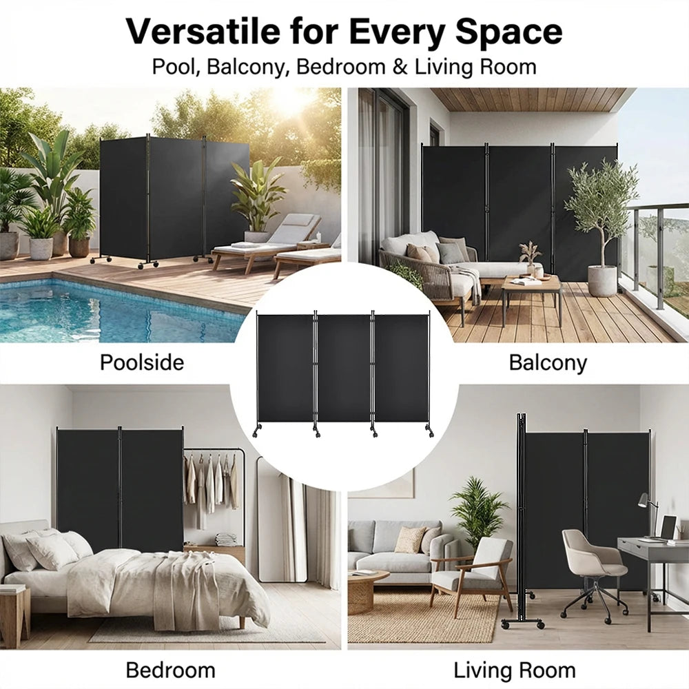 Écran de Confidentialité Pliable sur Roulettes – Paravent Mobile 3 ou 6 Panneaux, Intérieur/Extérieur