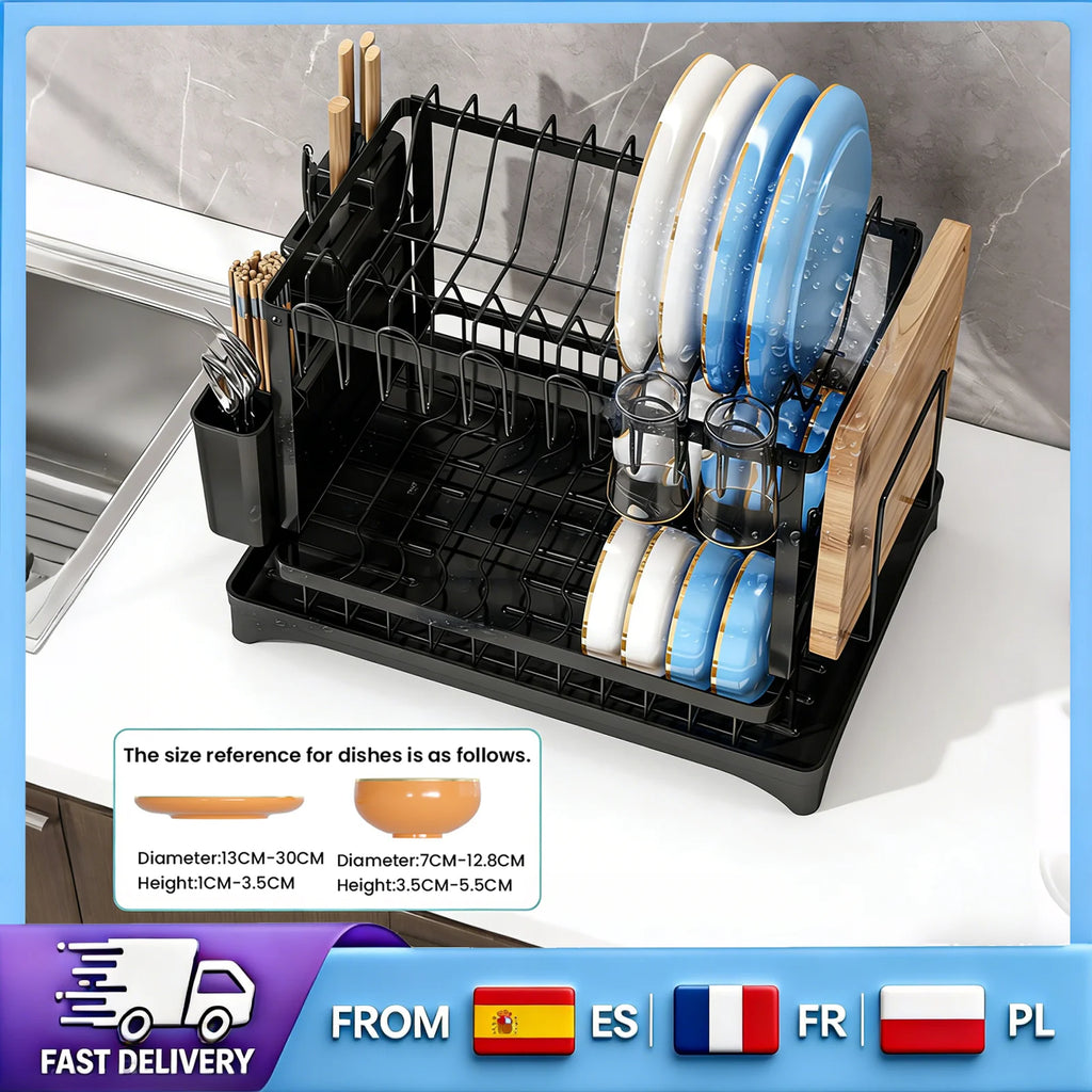 Égouttoir à vaisselle auto-drainant en acier carbone – Noir, 2 niveaux