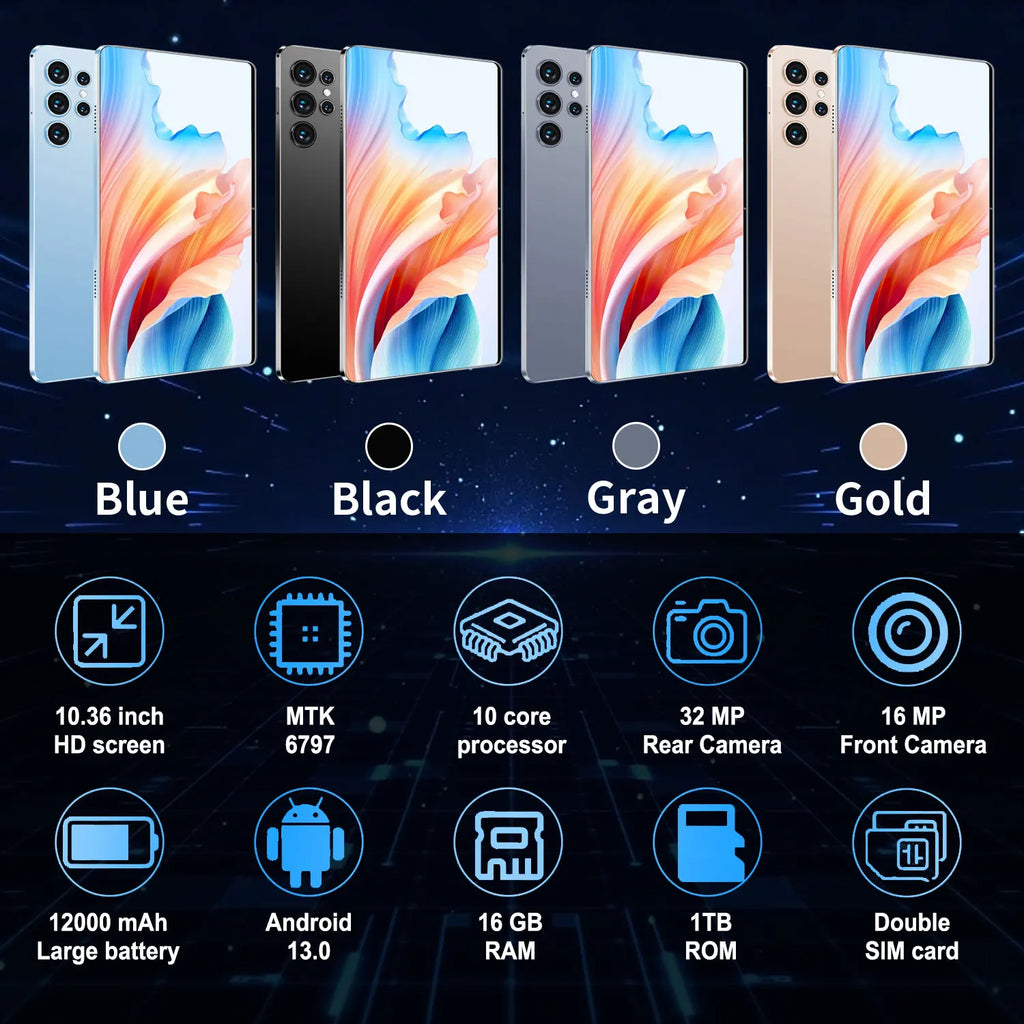 Tablette Android 13 - 10.36" 16GB RAM 1TB ROM, 10 Cœurs, 5G, 12000mAh, Dual SIM