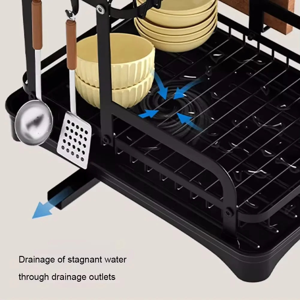 Égouttoir Vaisselle 2 Niveaux avec Bac Égoutteur – Organiseur Cuisine en Acier, Porte-Couverts Inclus