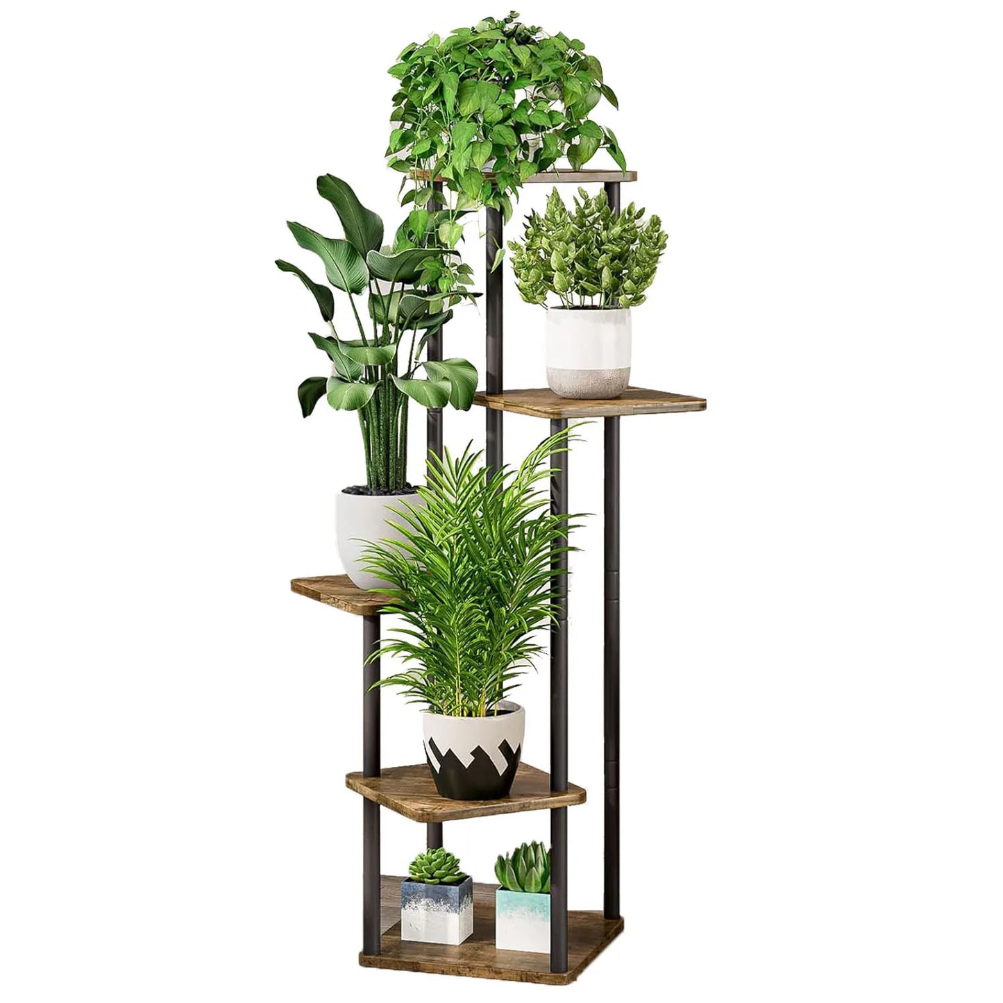 Étagère à Plantes 5 Niveaux – Support Métallique Fer et Bois, Intérieur/Extérieur, Noir