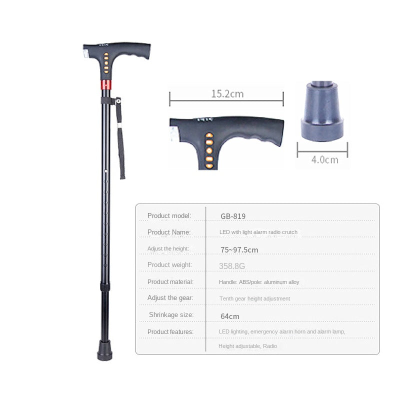 Canne de Marche Seniors Multifonction - LED Alarme Radio Réglable Poignée Ergonomique