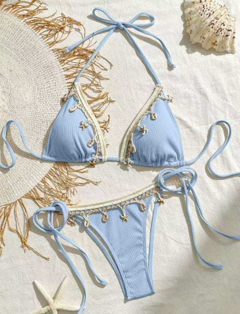 Bikini 3 Pièces Femme Bretelles Sexy Couleur Unie – Beige, Bleu Ciel, Noir