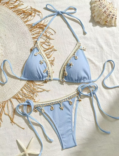 Bikini 3 Pièces Femme Bretelles Sexy Couleur Unie – Beige, Bleu Ciel, Noir