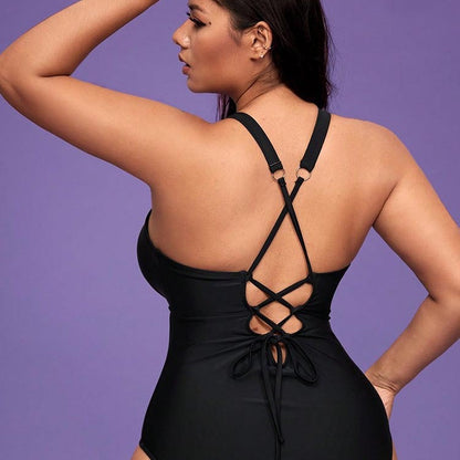 Maillot de Bain Une Pièce Grande Taille Femme Couleur Unie – Noir & Bleu, L à 4XL