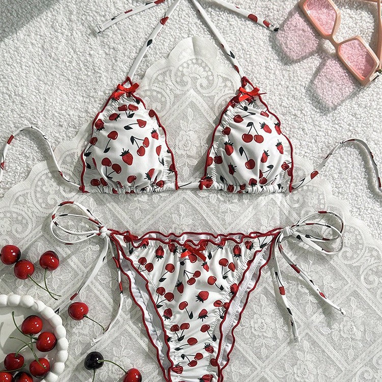 Bikini 3 Pièces Femme Sexy Dos Nu Haute Élasticité – Cerise & Blanc