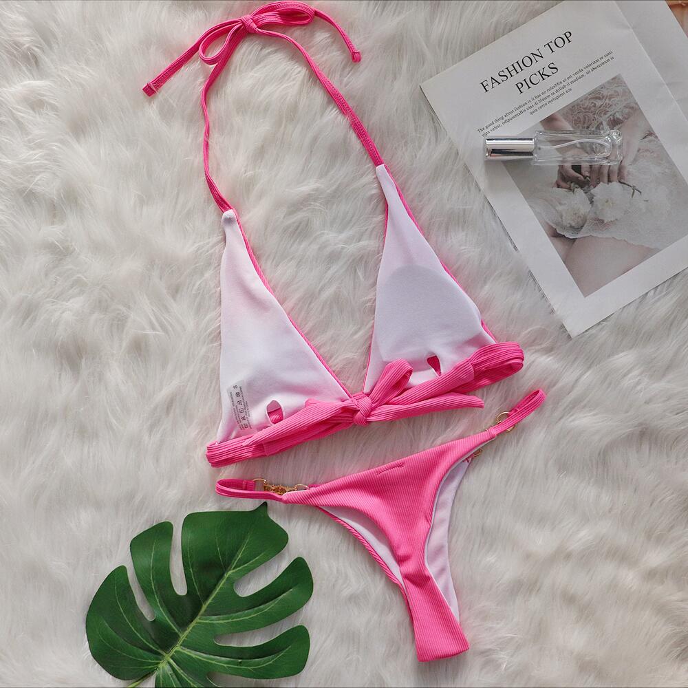 Maillot de Bain Deux Pièces Femme Rayures Dos Nu – Rose Fuchsia & Blanc