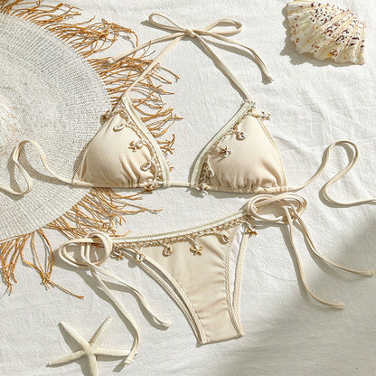 Bikini 3 Pièces Femme Bretelles Sexy Couleur Unie – Beige, Bleu Ciel, Noir