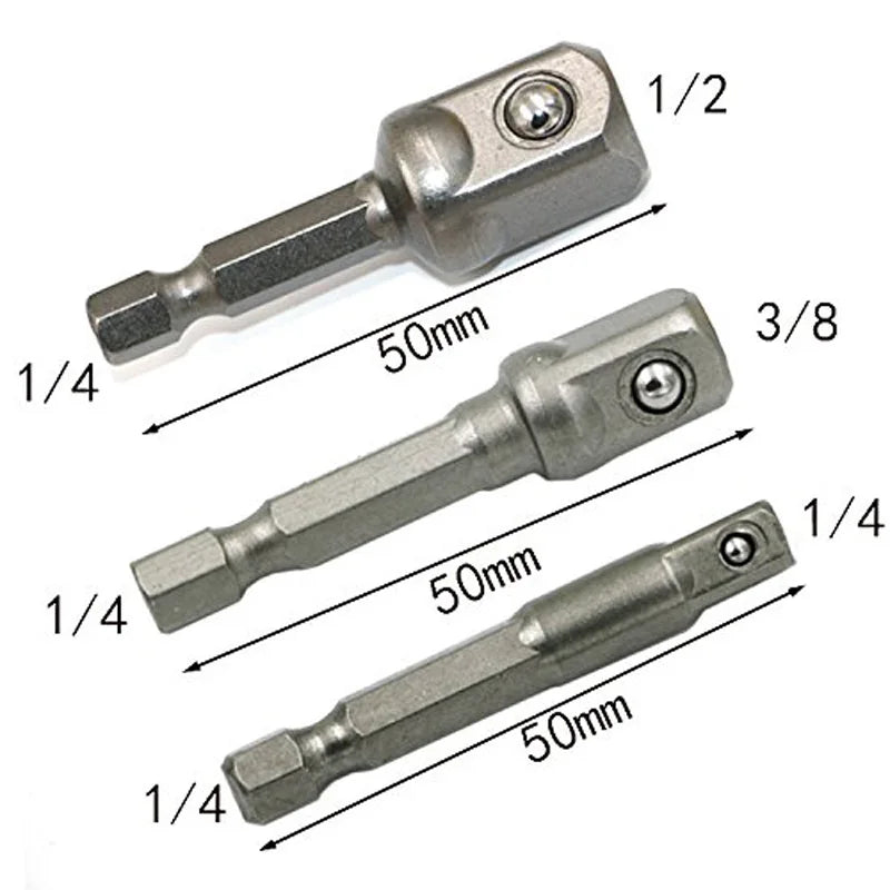 Adaptateur Douille Acier Chrome Vanadium Hex 1/4" 3/8" 1/2" Extension Embouts Perceuse