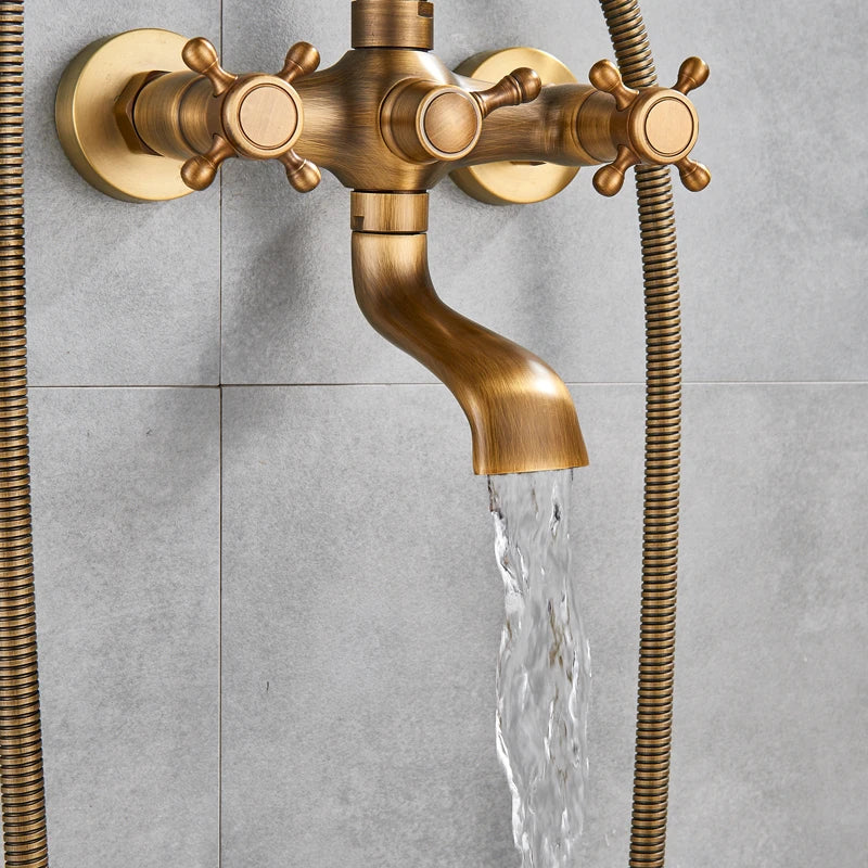 Robinet Baignoire Rétro Laiton Antique Mural 2 Poignées avec Douchette et Bec Pivotant