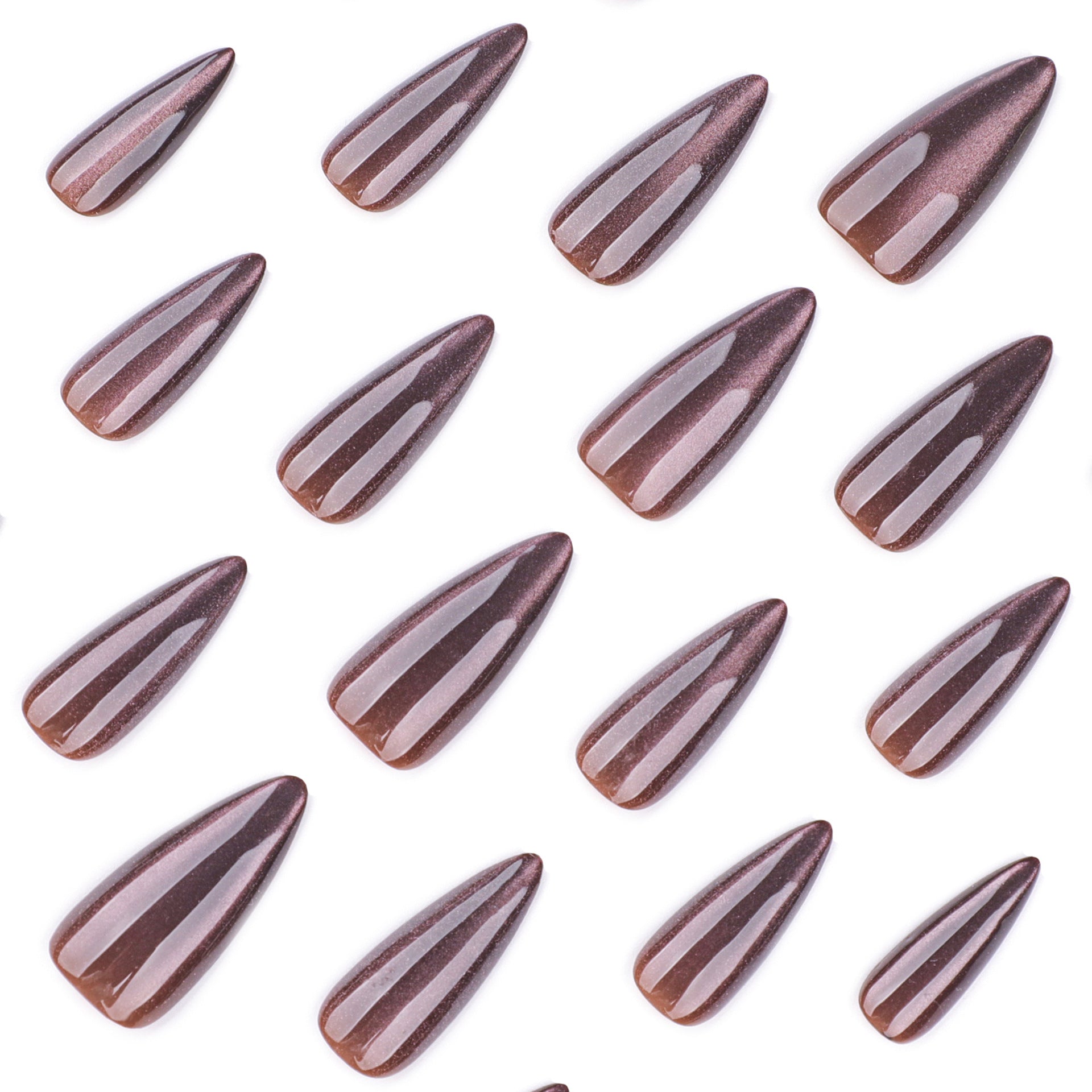 Faux Ongles Marron Œil de Chat - Forme Amande Longueur Moyenne