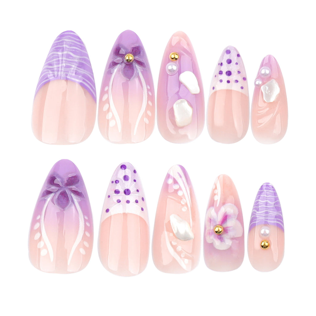 Faux Ongles Violets Fleurs 3D - Manucure Française - Capsules Amande - APPRO-DISTRI
