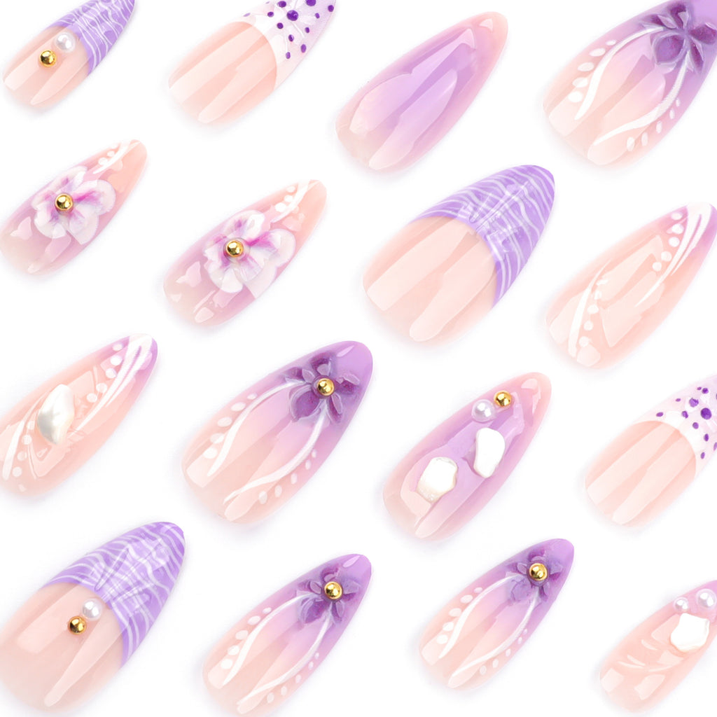 Faux Ongles Violets Fleurs 3D - Manucure Française - Capsules Amande - APPRO-DISTRI