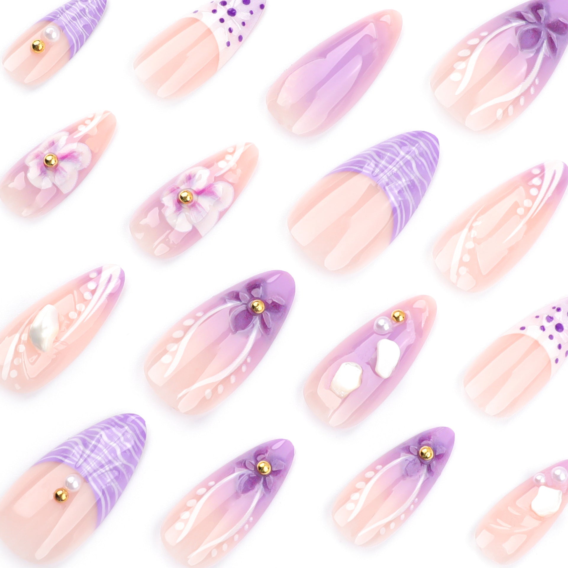 Faux Ongles Violets Fleurs 3D - Manucure Française - Capsules Amande