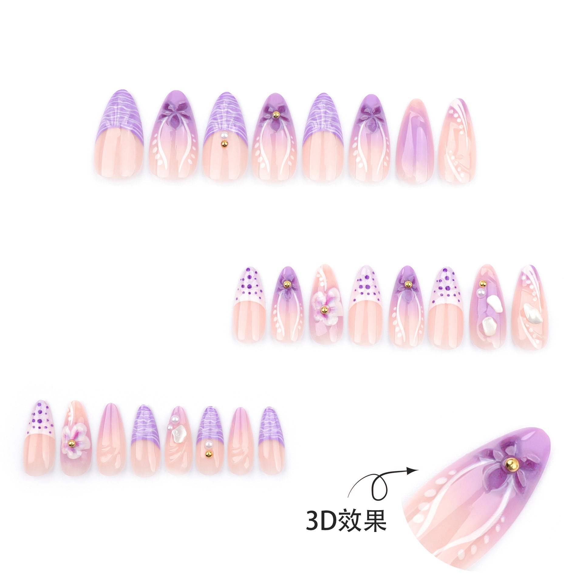 Faux Ongles Violets Fleurs 3D - Manucure Française - Capsules Amande