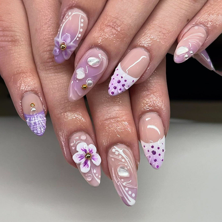 Faux Ongles Violets Fleurs 3D - Manucure Française - Capsules Amande