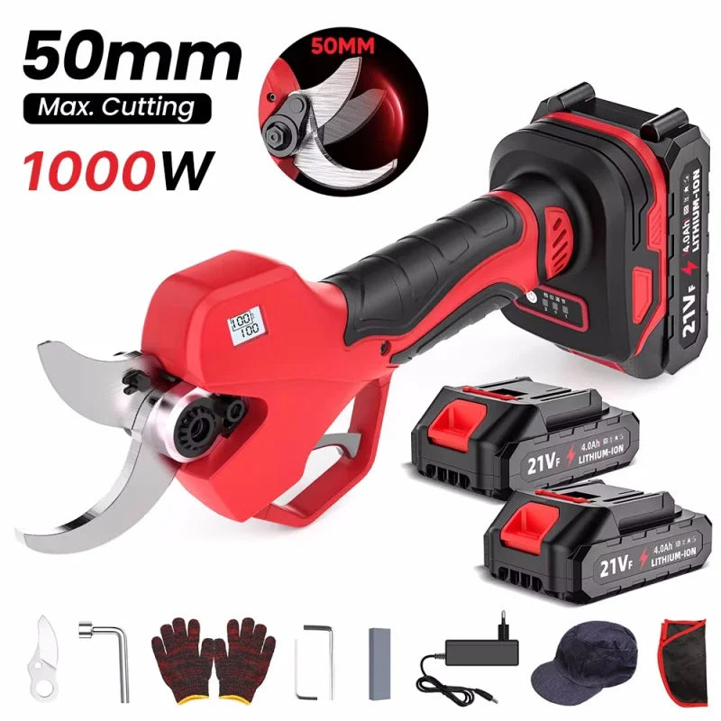 Sécateur Électrique Sans Fil 1000W/900W – Lame 50mm, Brushless, 2 Batteries