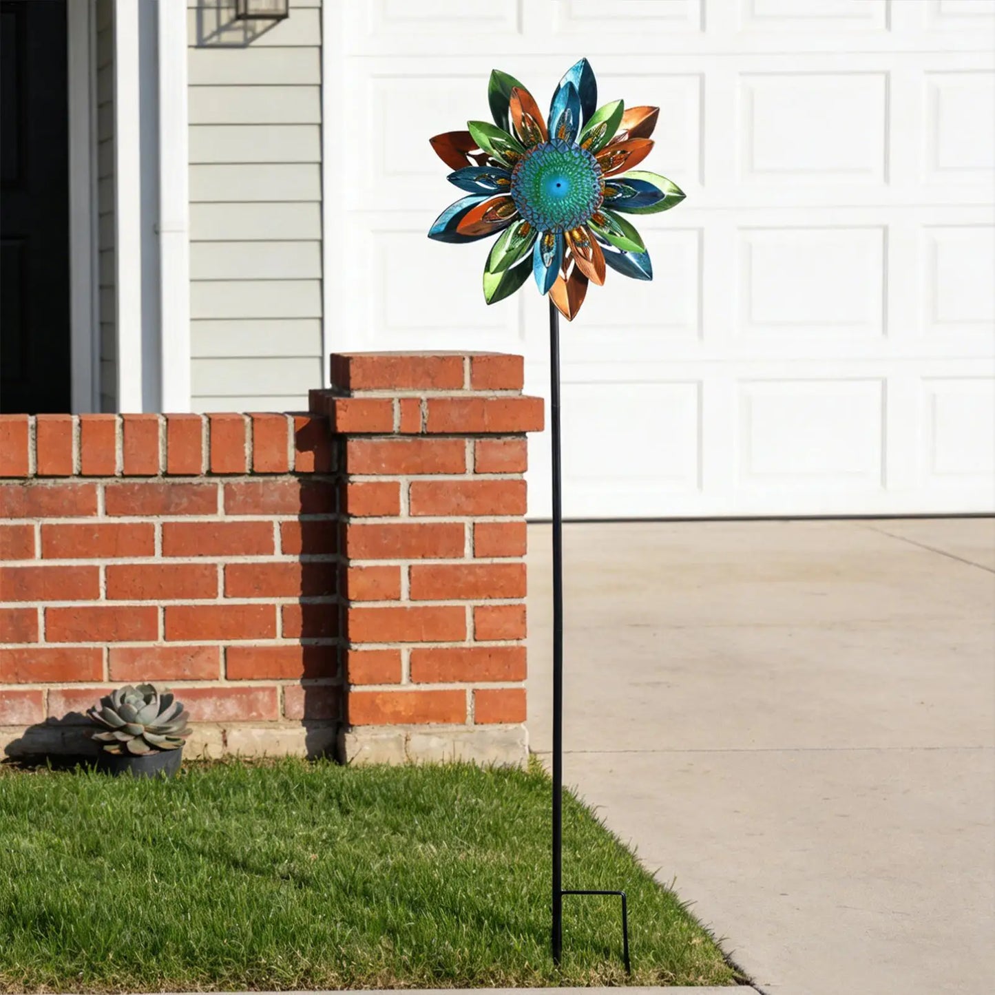 Moulin à Vent Décoratif Tournesol en Métal – Girouette Pivotante 122cm, Décoration Jardin Extérieur