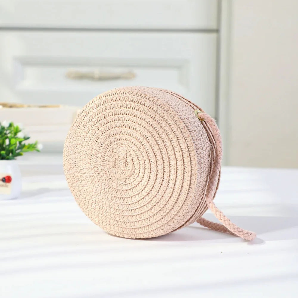 Children Straw Beach Bag Cute Heart Pattern Shoulder Bag Straw Crossbody Bag Handbag Baby Coin Purse Casual Messenger Bag