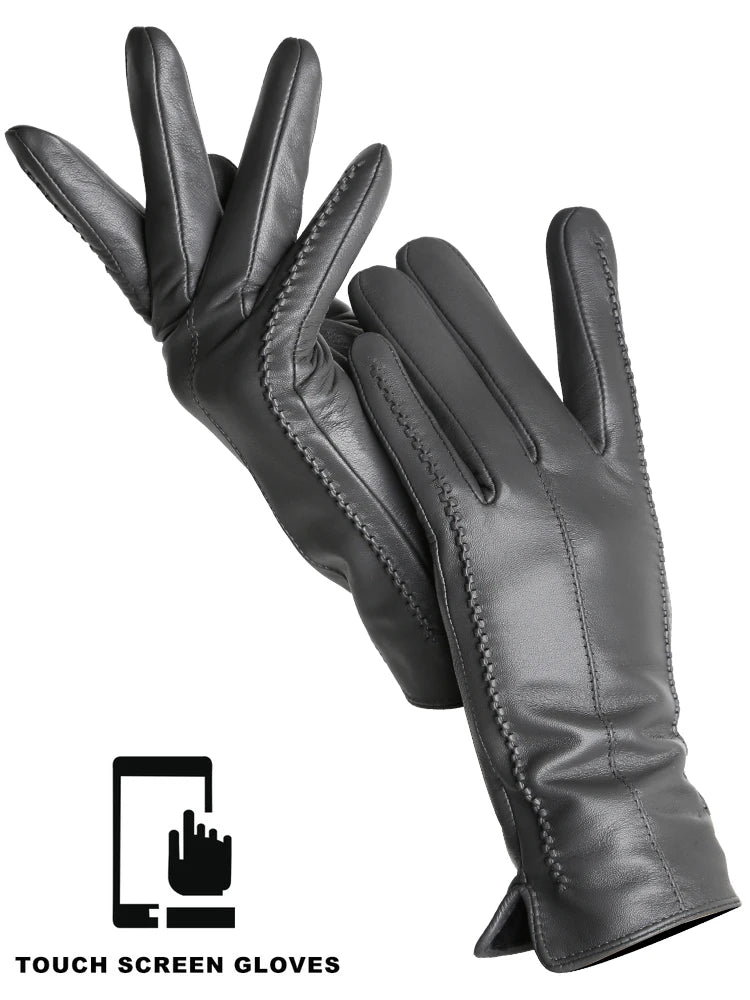 Gants Cuir Femme Hiver - Peau de Mouton Doublés Velours Tactiles