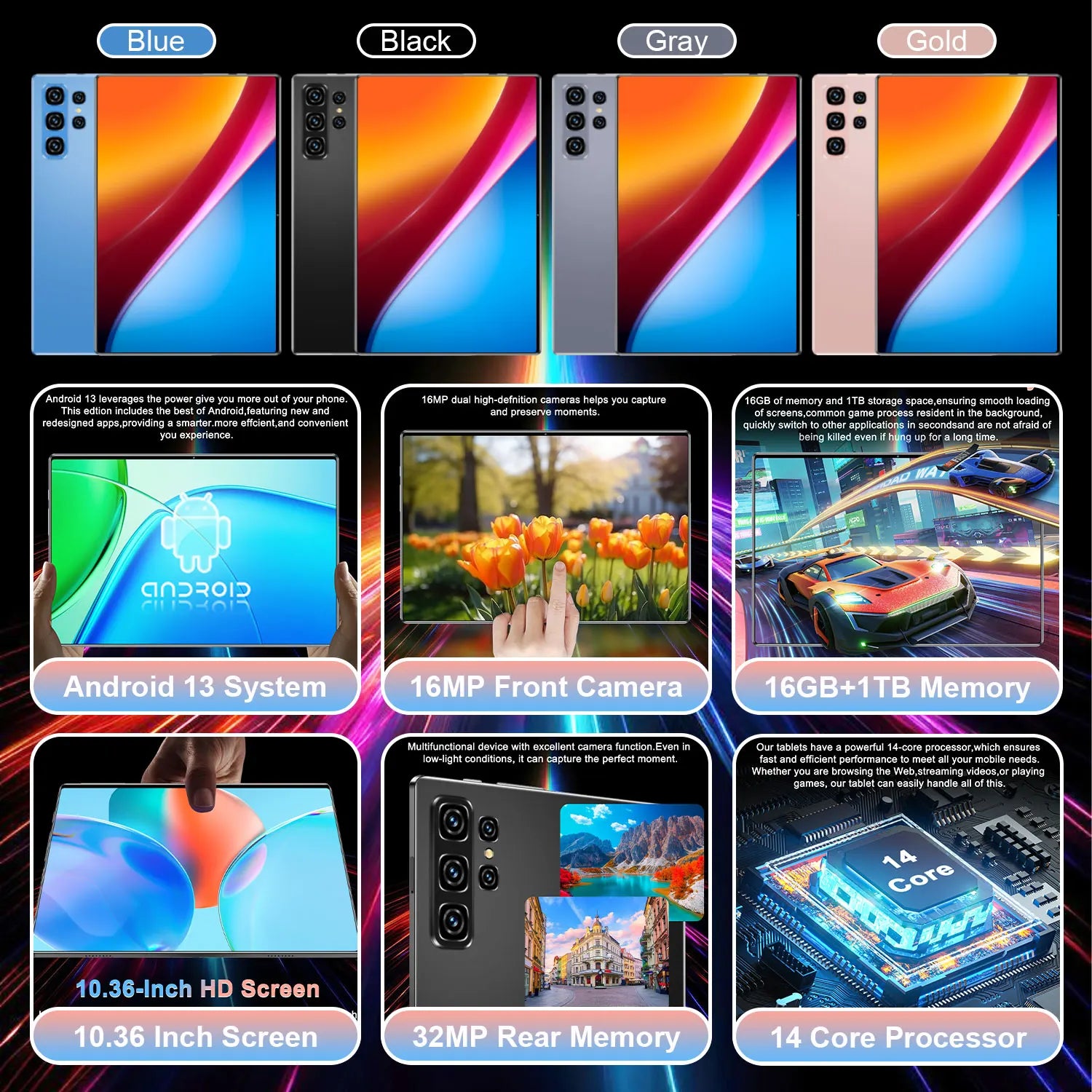 Tablette S11 Ultra Android 13 - 10.36" 16GB RAM 1TB ROM, 14 Cœurs, 20000mAh, WiFi