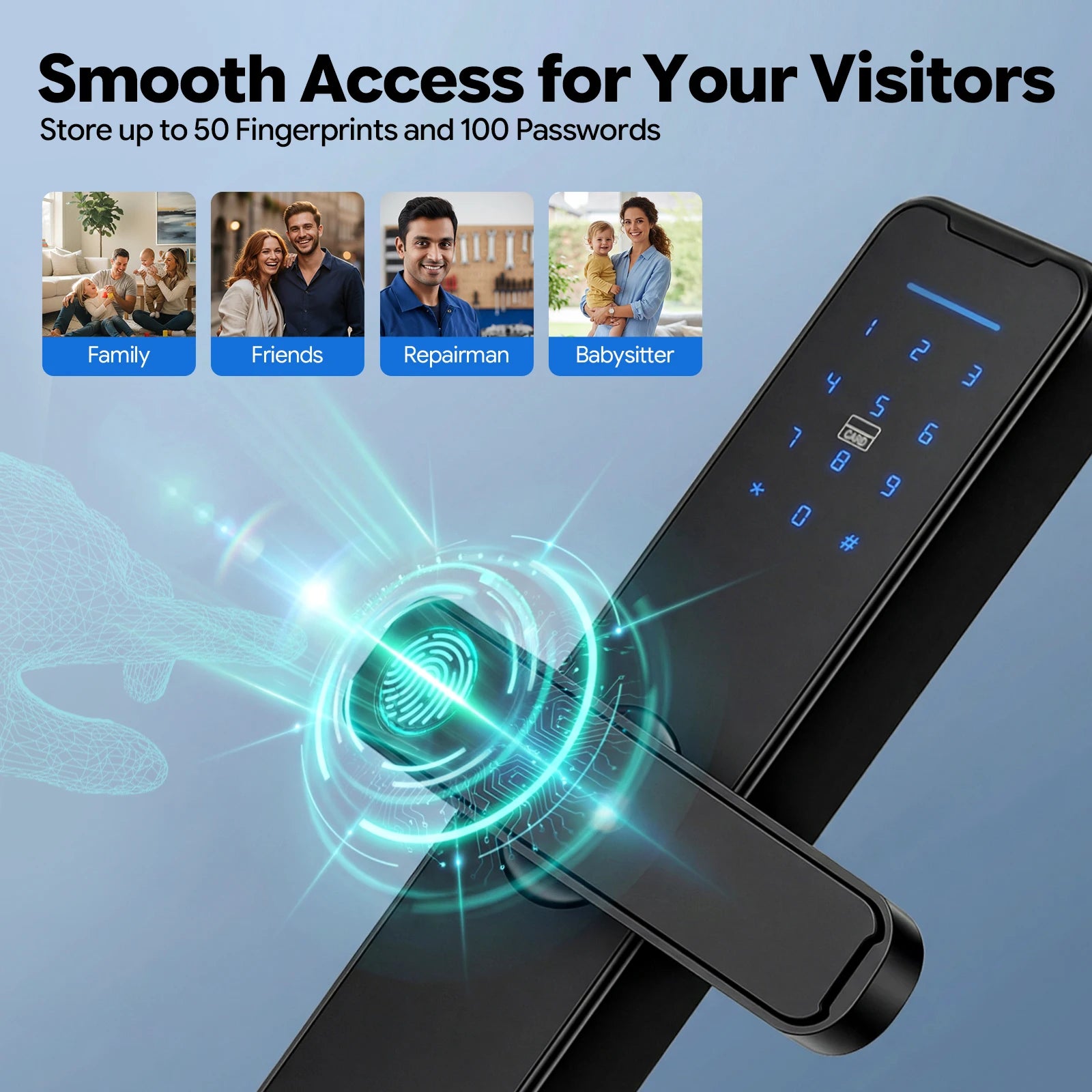 Serrure Intelligente Connectée Tuya – Empreinte, Code, Carte, Clé, App – Aluminium Noir
