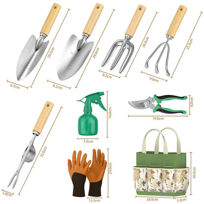Coffret 9 Outils de Jardinage en Acier Inoxydable – Manches en Bois, Désherbage et Plantation