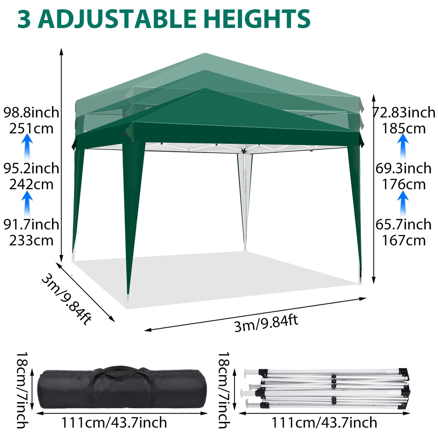 Kiosque Pliant Pop-Up 3x3 m – Toile Oxford 420D UPF 50+, Imperméable, Sac de Transport Inclus