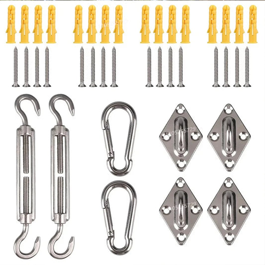 Kit d'accessoires voile d'ombrage 24 pcs – Inox 304 | Mousquetons, tendeurs, œillets
