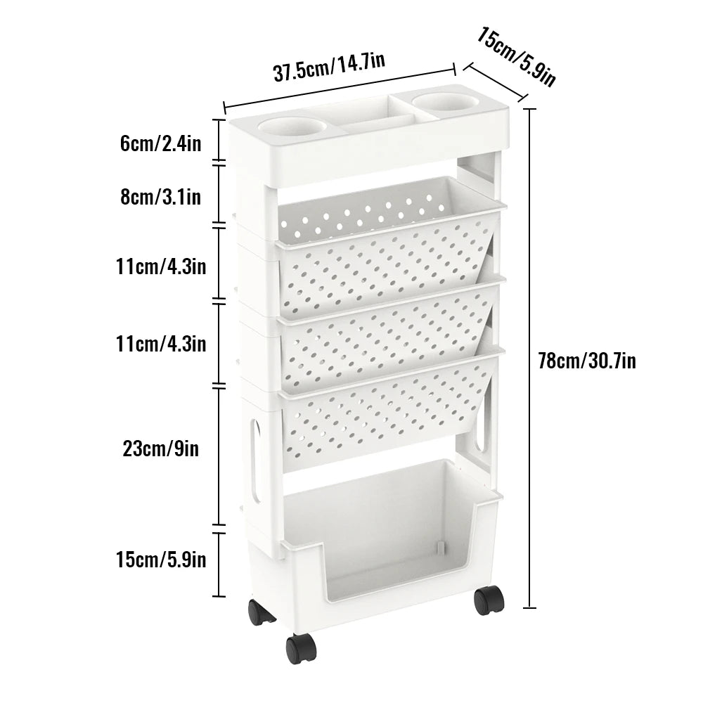 Étagère mobile à roulettes 5 niveaux – Organiseur ABS blanc, bureau & salon