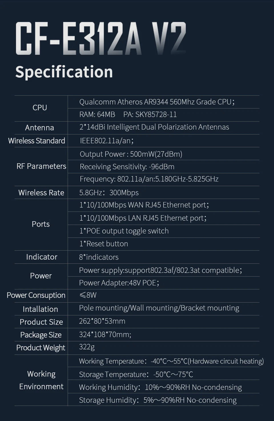 Pont WiFi CPE Extérieur Longue Portée 5-10 km – 5 GHz 300 Mbps | COMFAST CF-E312A