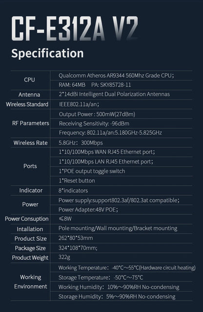 Pont WiFi CPE Extérieur Longue Portée 5-10 km – 5 GHz 300 Mbps | COMFAST CF-E312A