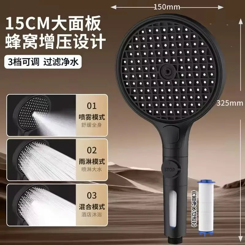 Pommeau de Douche 150mm 3 Modes Haute Pression avec Filtre - Douchette Massage Réglable