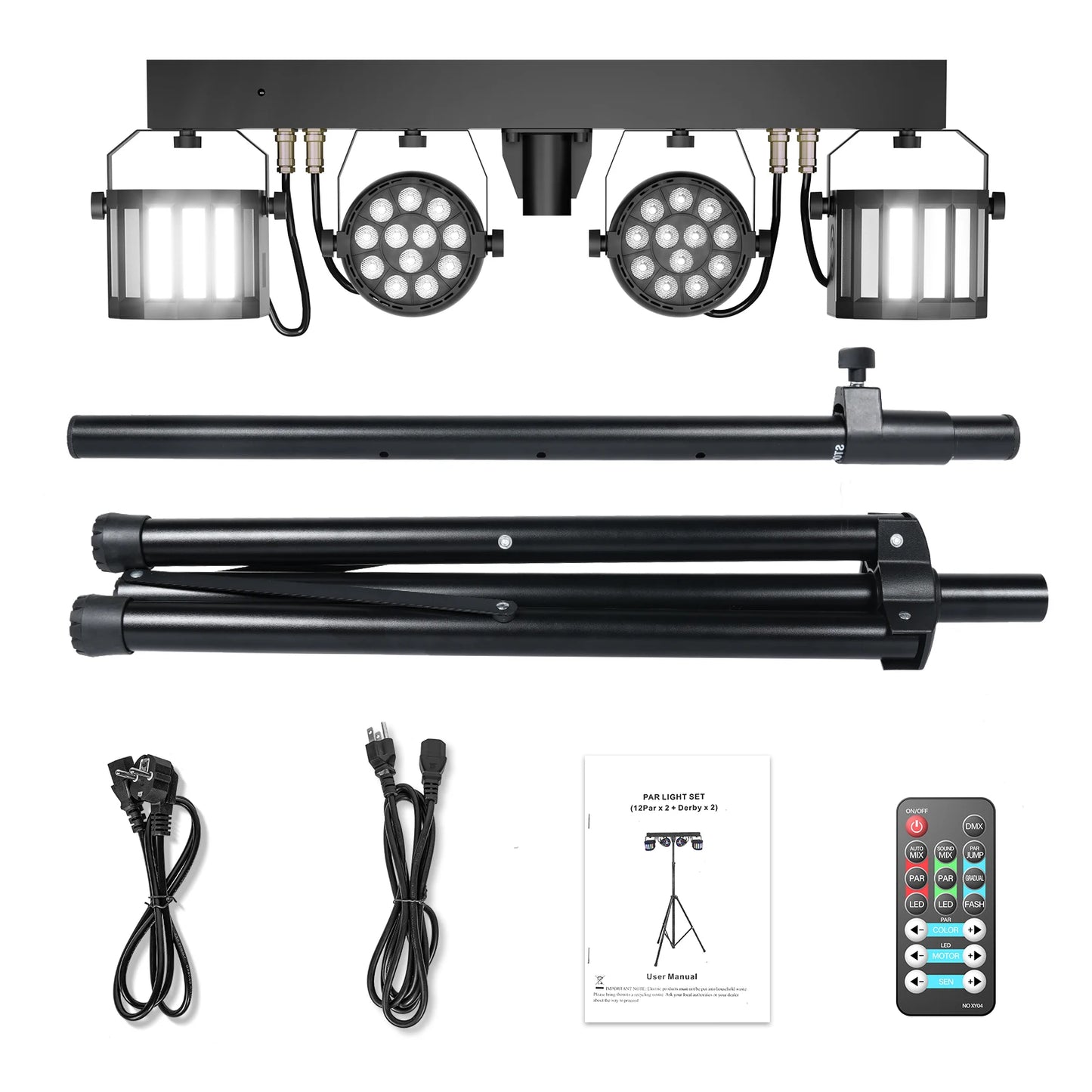Kit Projecteurs Scène Fieryzeal 60W RGBW – 2 PAR LED + 2 Sabres, DMX512, Télécommande, Prise EU