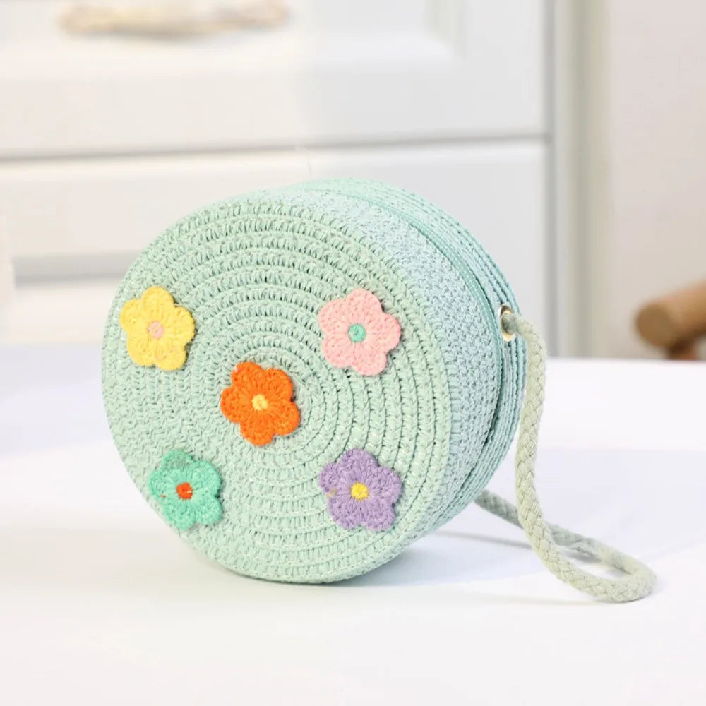 Children Straw Beach Bag Cute Heart Pattern Shoulder Bag Straw Crossbody Bag Handbag Baby Coin Purse Casual Messenger Bag