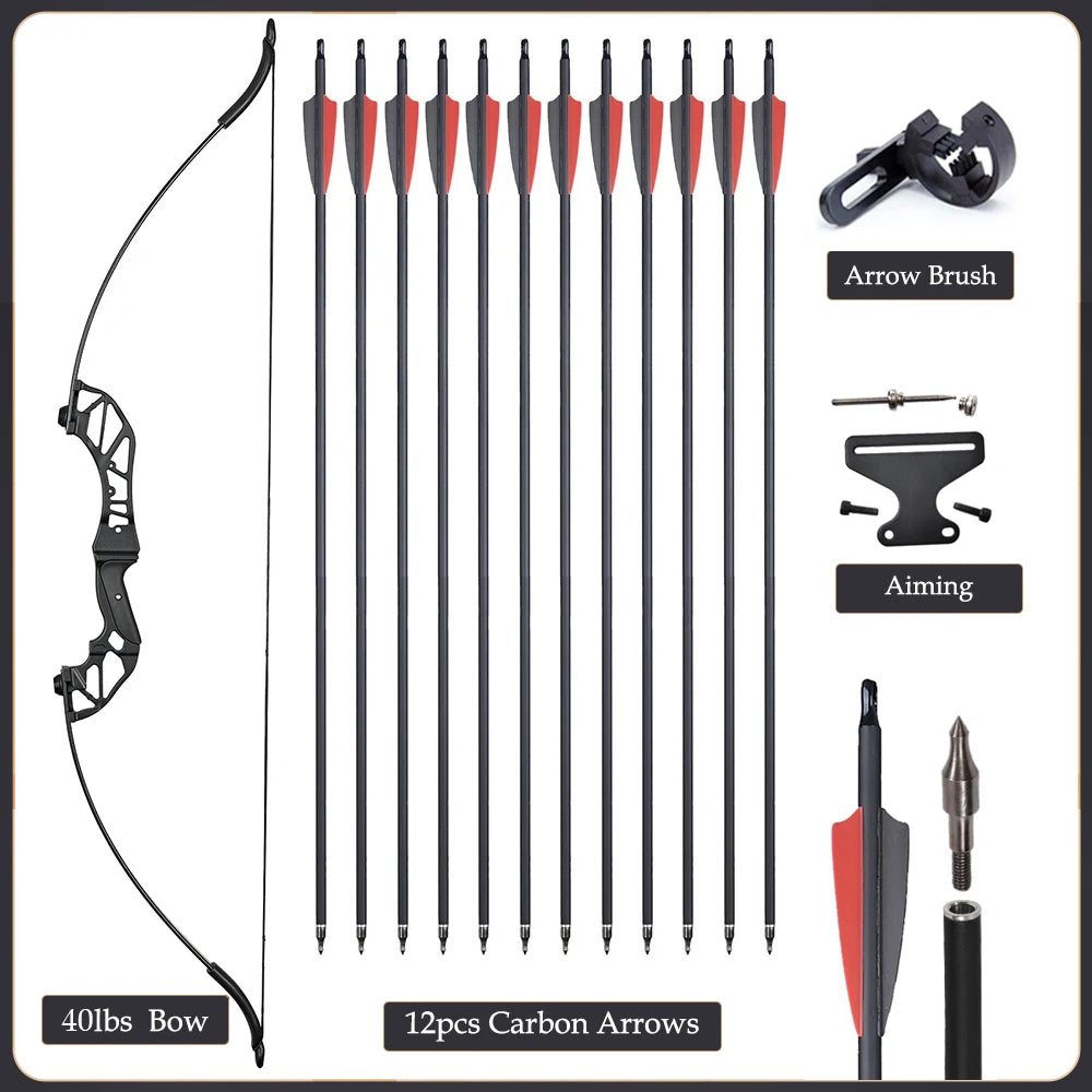 Arc Recurve Tir à l'Arc 20-50lbs Démontable avec Flèches Carbone Carquois Cible Entraînement