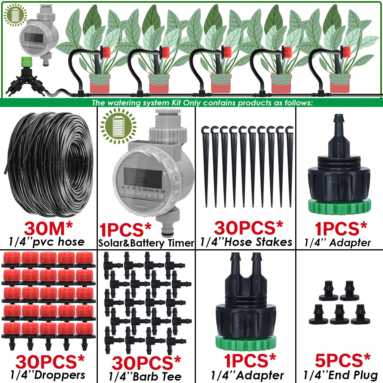 Kit Irrigation Goutte-à-Goutte KESLA – Tuyau 4/7mm, Programmateur & Capteur Pluie (5M à 50M)