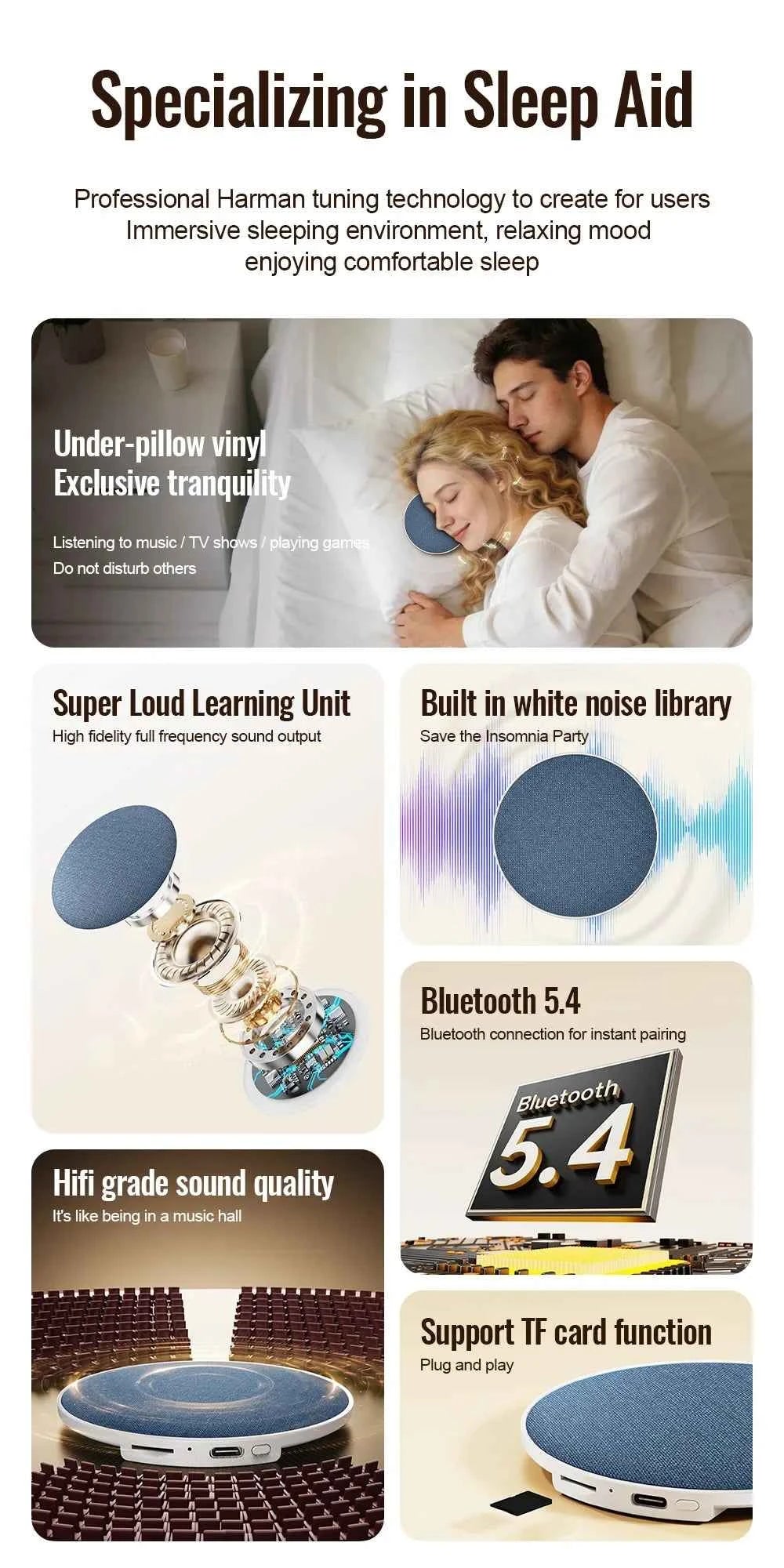 Enceinte Sous-Oreiller Bluetooth 5.4 – Son HiFi Privé, Aide au Sommeil, 360°
