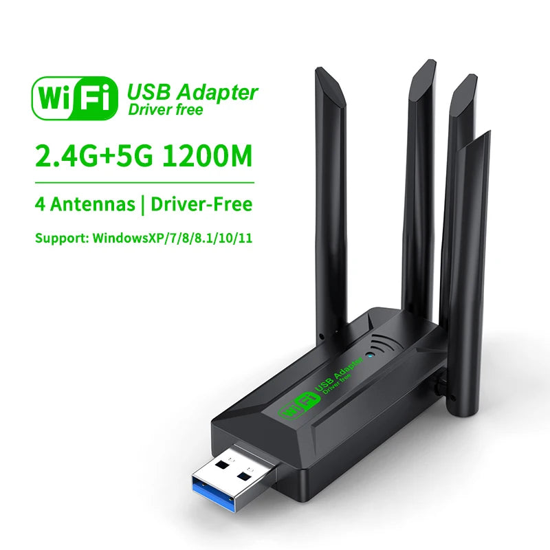 Adaptateur USB Wi-Fi 1200 Mbps double bande 2,4 GHz + 5 GHz, dongle Wi-Fi 4 antennes 802.11ac USB 3.0, carte récepteur sans fil haut débit pour PC/ordinateur portable